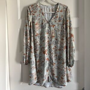 Floral Sheer Long Sleeve Button Down Babydoll/Mini Boho Dress